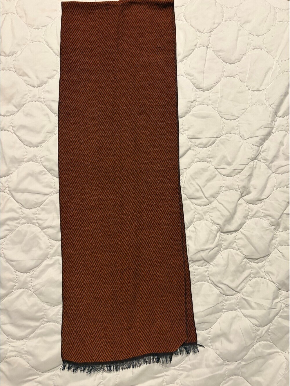 Brown Herringbone Patterned Scarf with Fringe Edges